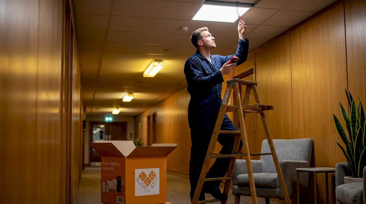 Technician installing LED panel in hotel hallway