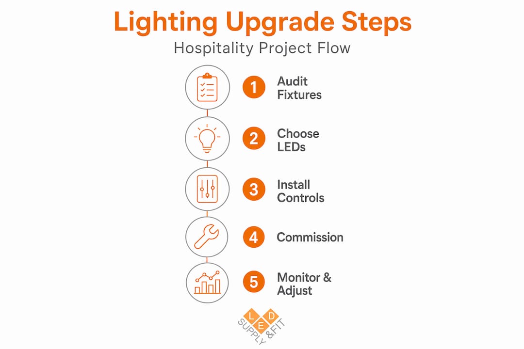 Infographic of steps for hospitality lighting upgrade