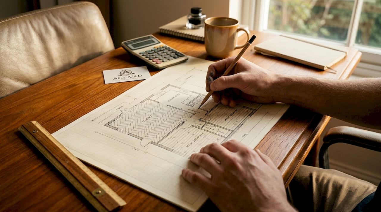 Hands drawing room measurement sketch