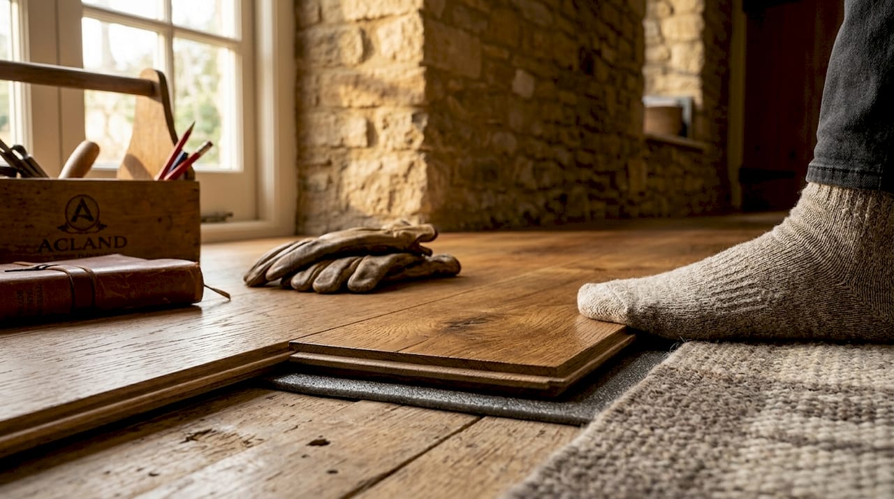 Cross-section of wood floor showing underlay cushioning