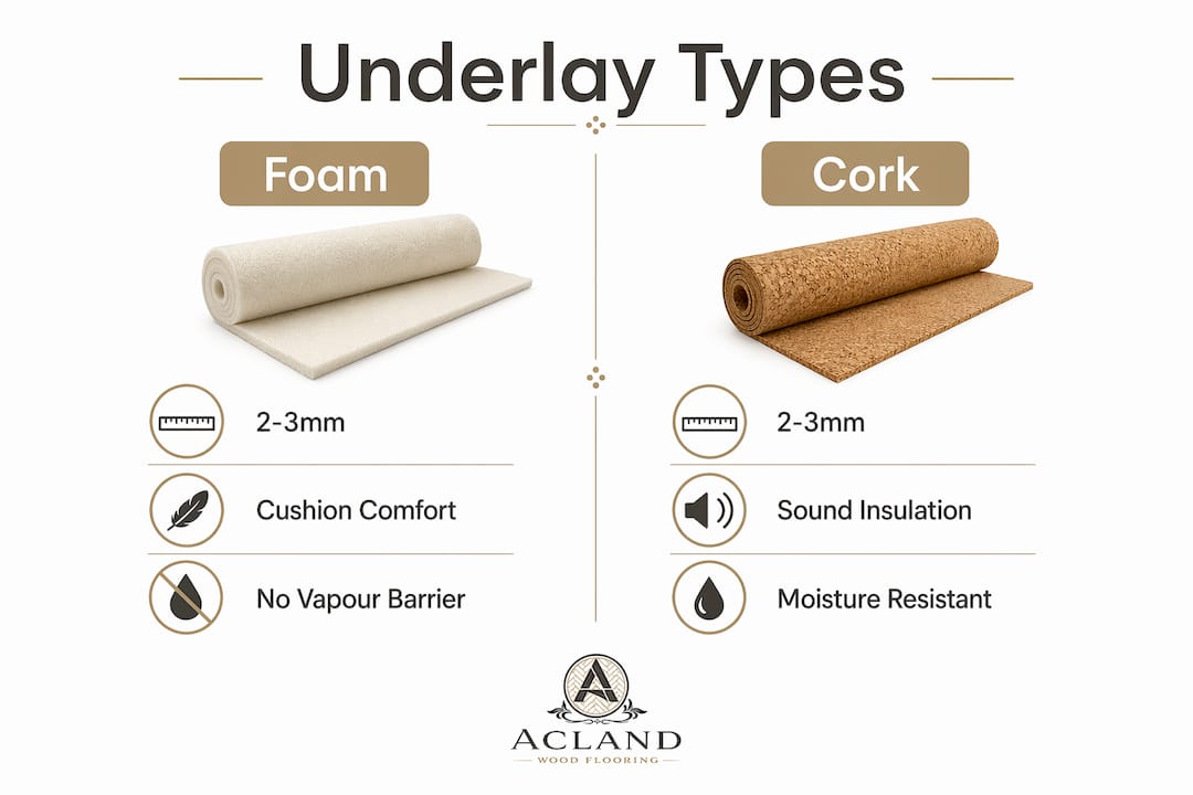 Infographic comparing foam and cork wood floor underlays