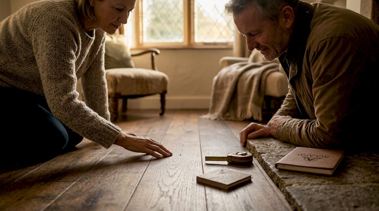 Couple inspecting hardwood floor texture in home