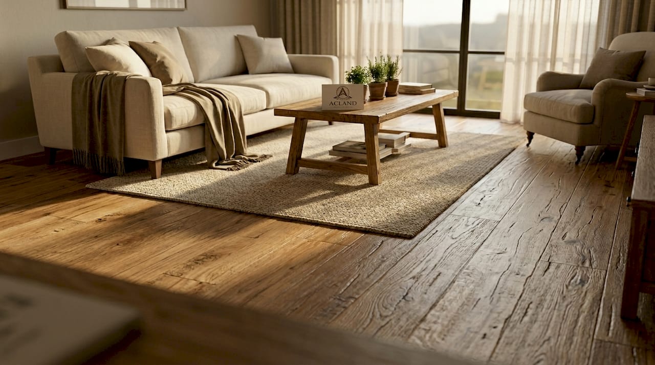 Living room with hand-scraped textured wood floor