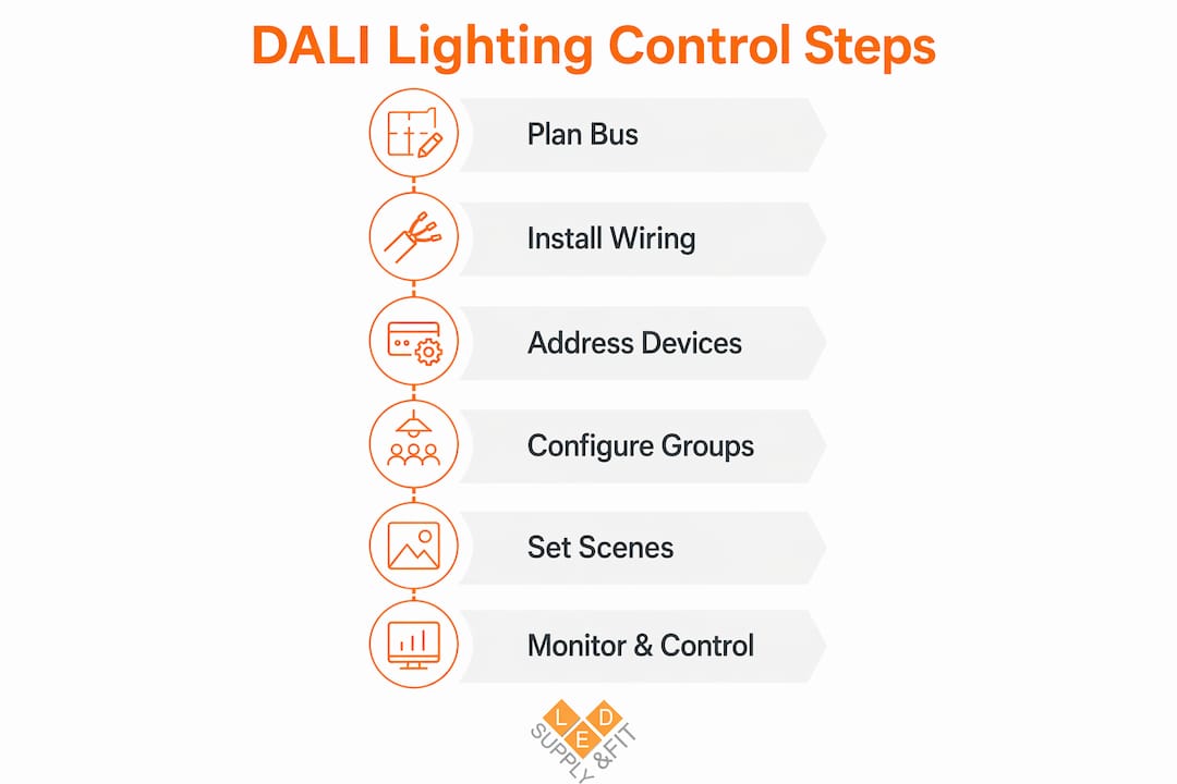 Infographic showing steps of DALI lighting control setup