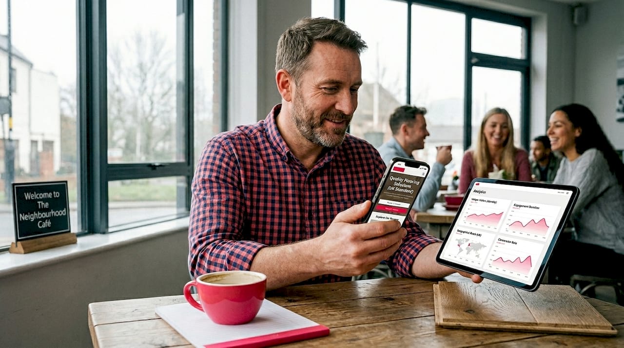 Flooring owner checking responsive website on devices