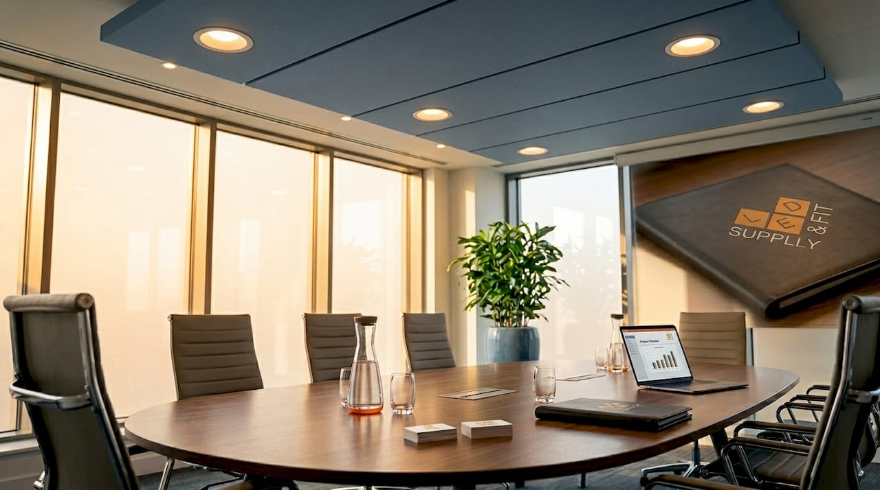 Recessed LED downlights integrated into office ceiling
