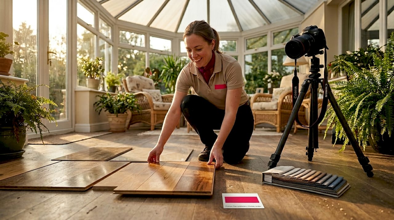 Close-up of flooring samples for social posts