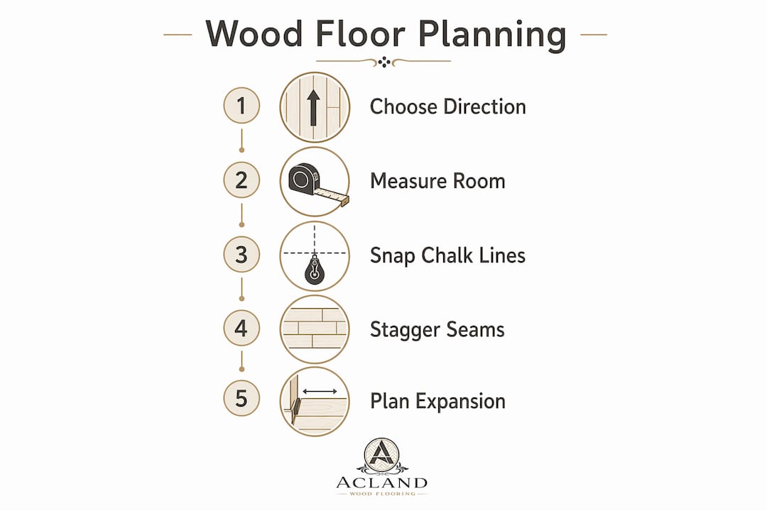 Infographic showing steps for wood floor layout planning
