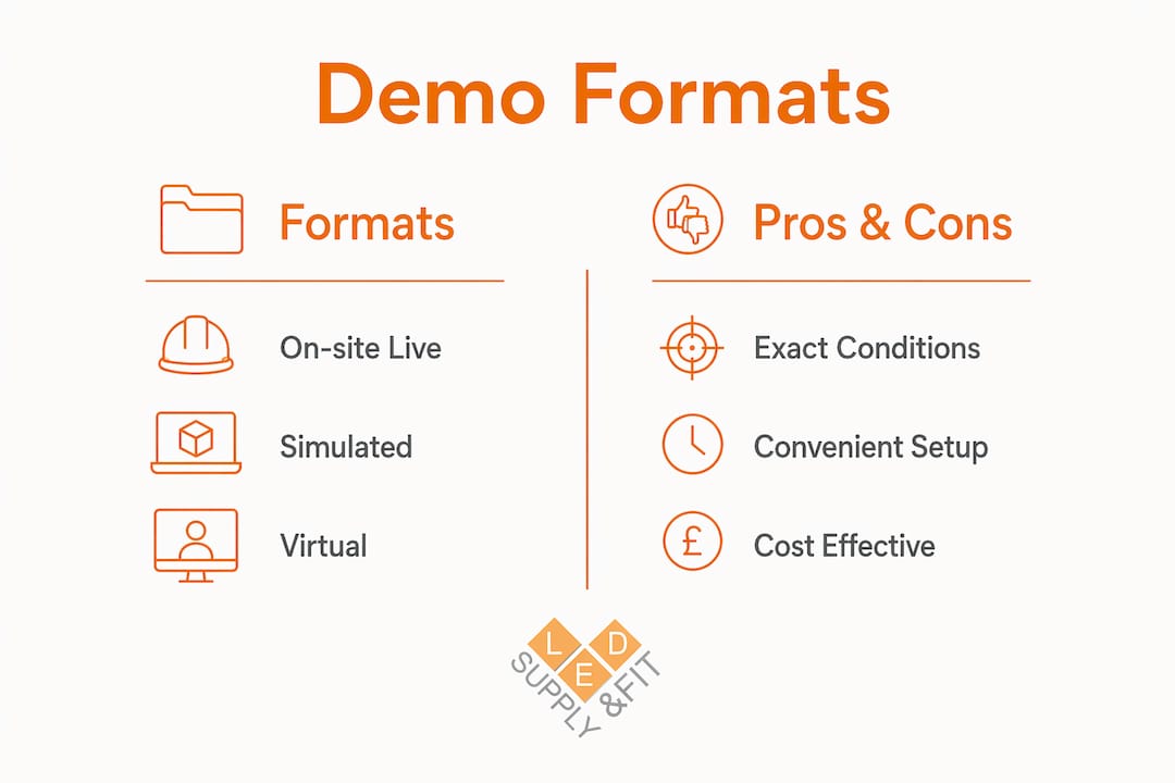 Infographic comparing lighting demo formats pros and cons