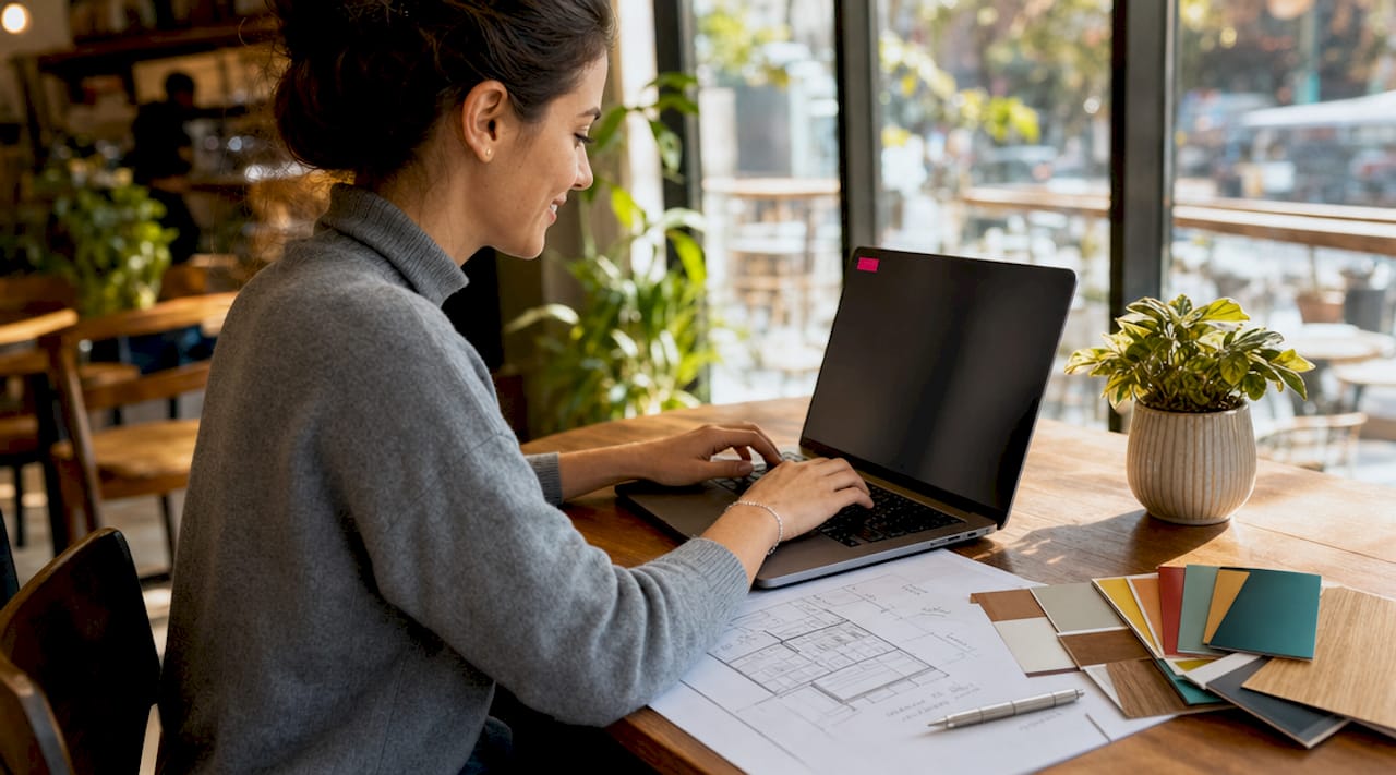 Designer working on laptop calculating flooring costs