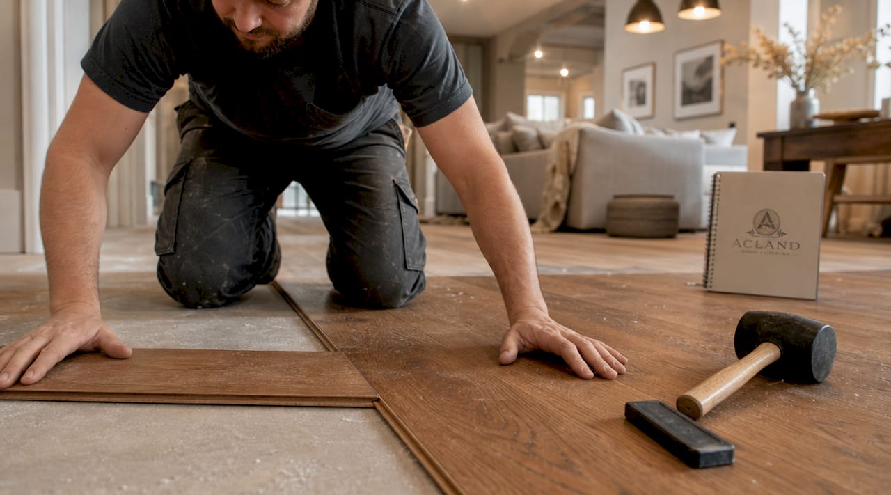 Hands installing wide engineered wood plank