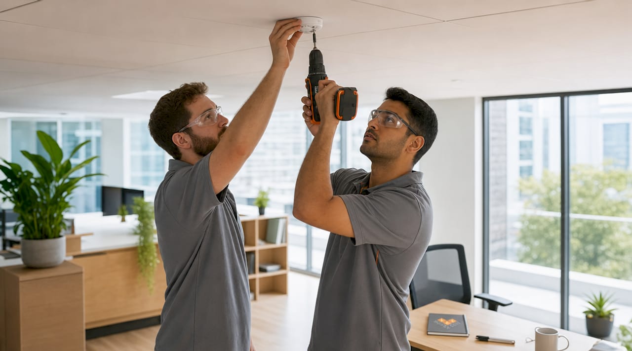 Technicians installing daylight sensor in corridor