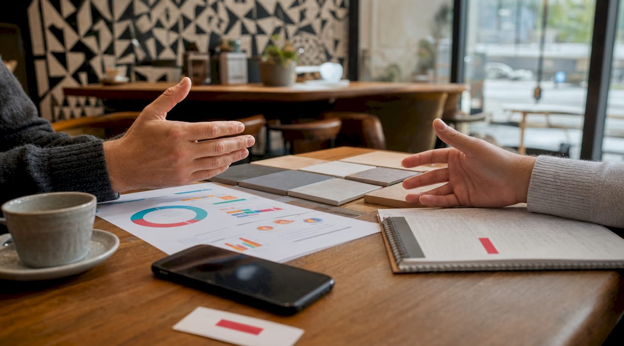 Hands analyzing flooring marketing report with phone