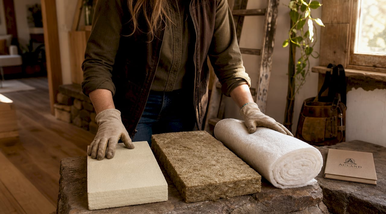Hands holding various wood floor insulation materials
