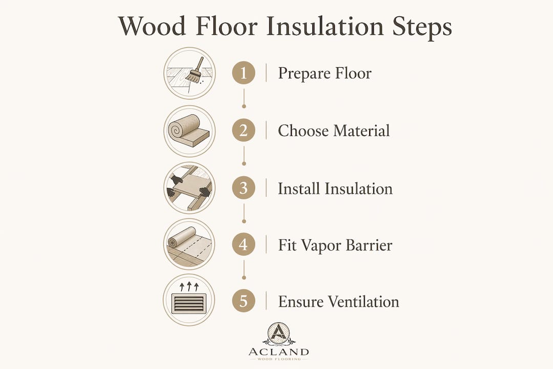 Infographic showing five steps for insulating wood floors
