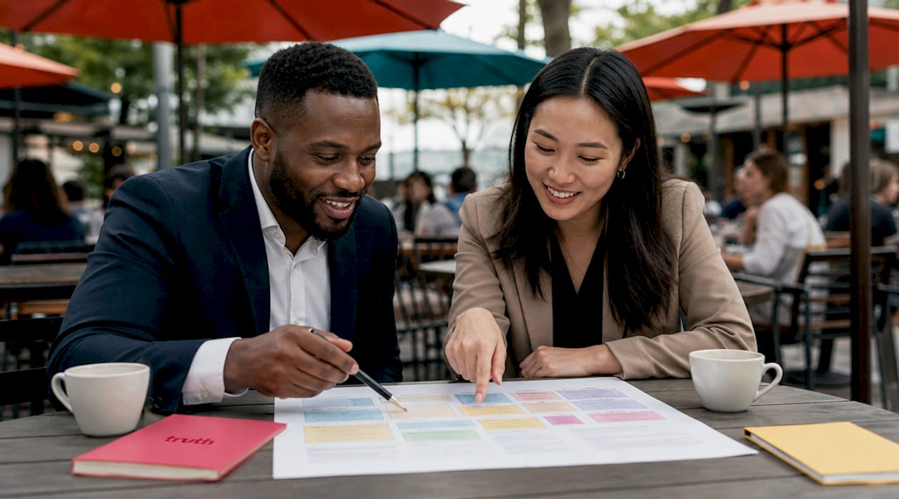 Two professionals analyzing keyword clusters