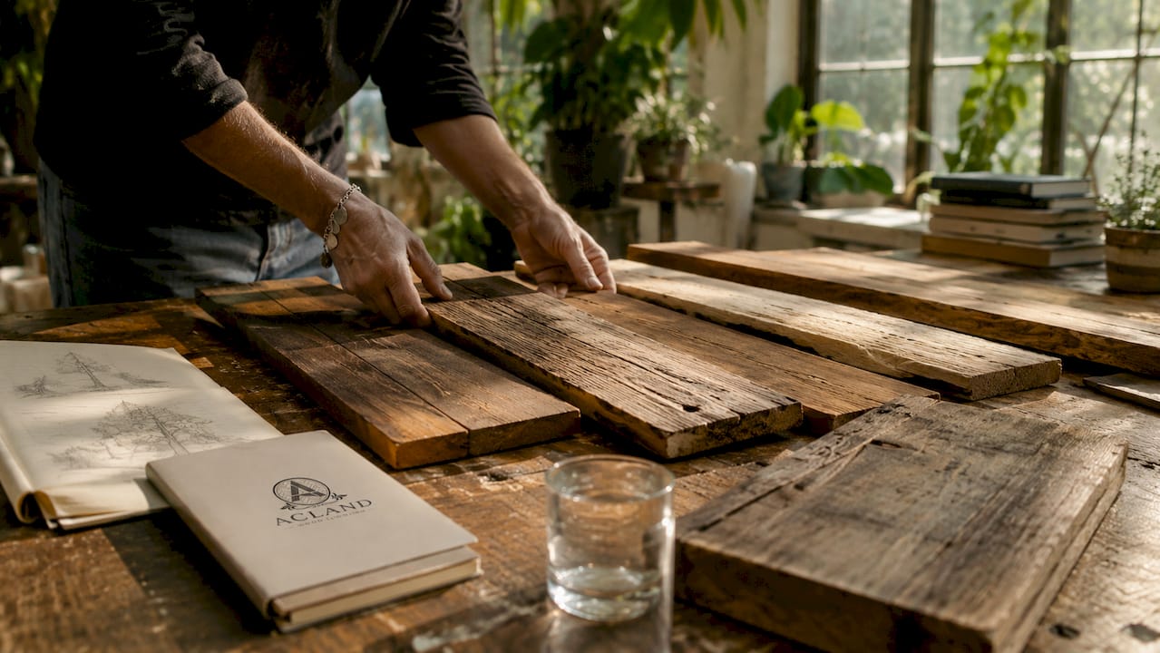 Hands inspecting reclaimed timber floorboards