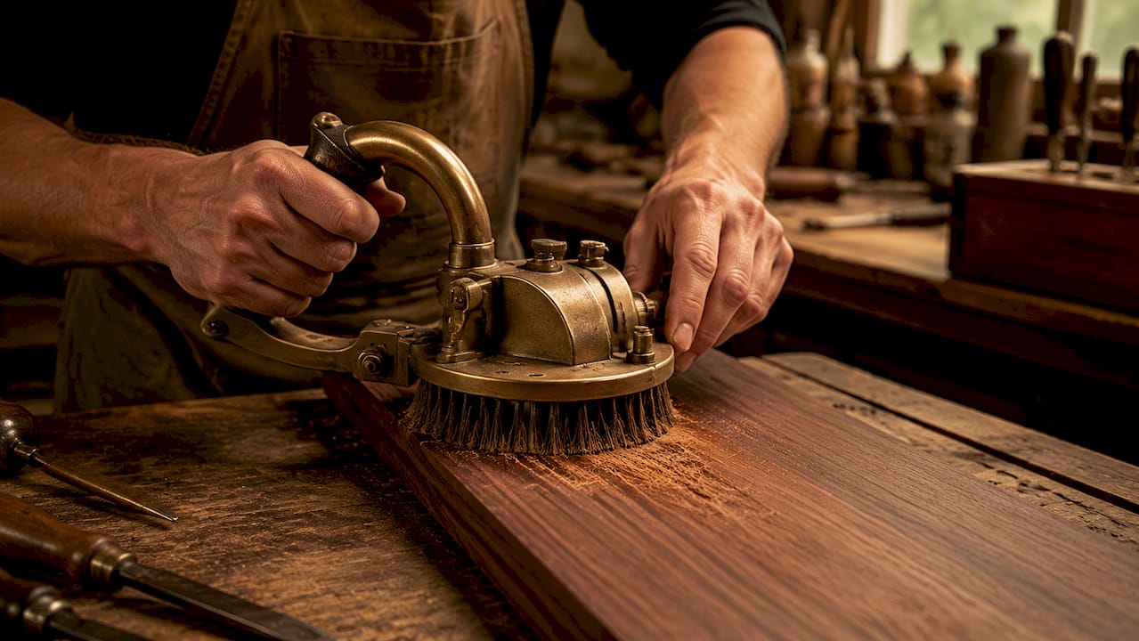 Close-up of wood brushing process on oak plank
