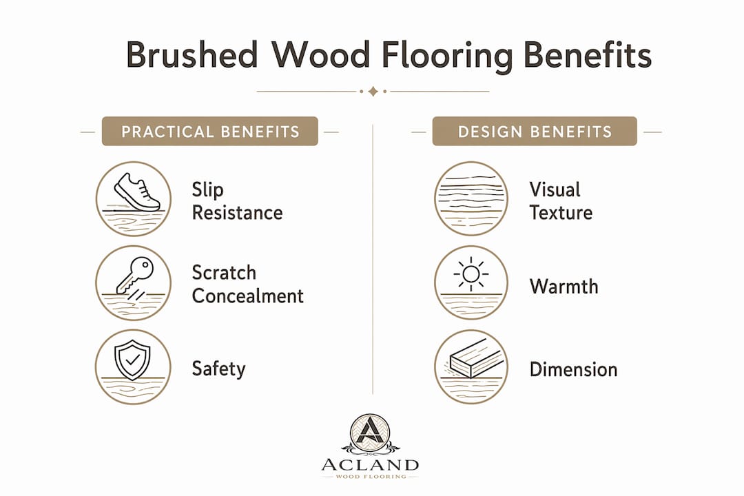 Infographic illustrating practical and design benefits of brushed wood flooring