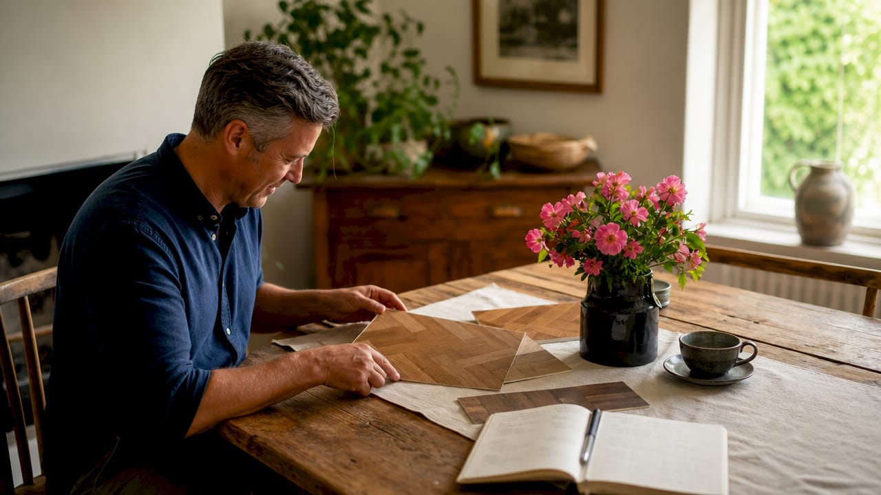 Client choosing herringbone oak flooring samples at home