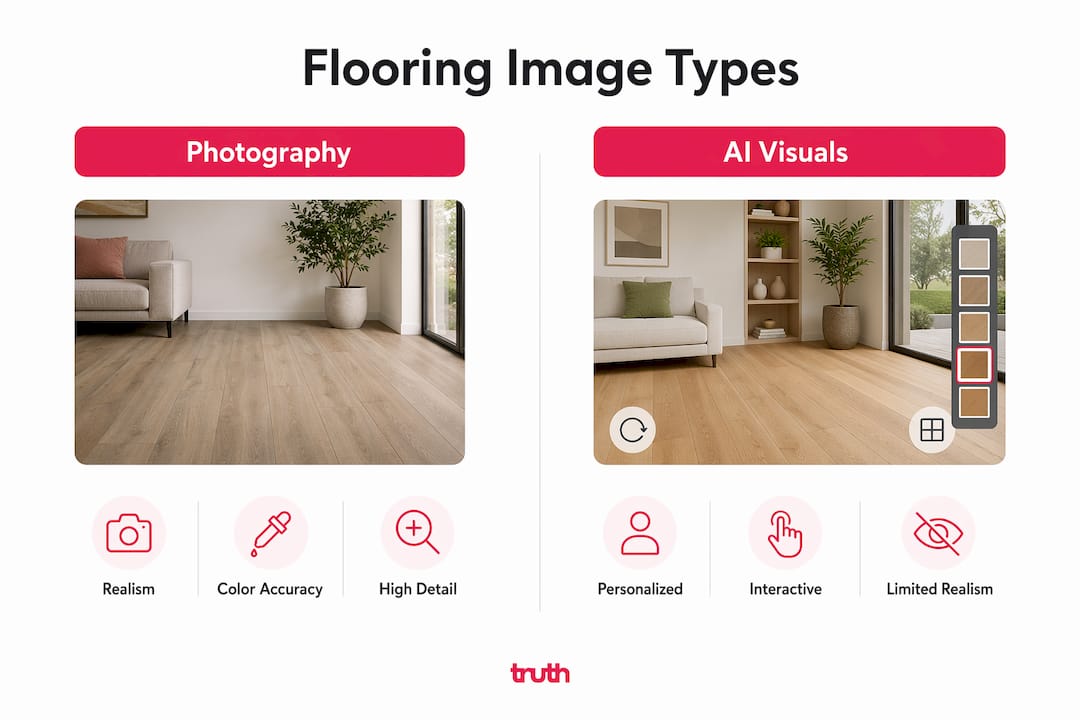 Infographic comparing flooring image types photography vs AI visuals