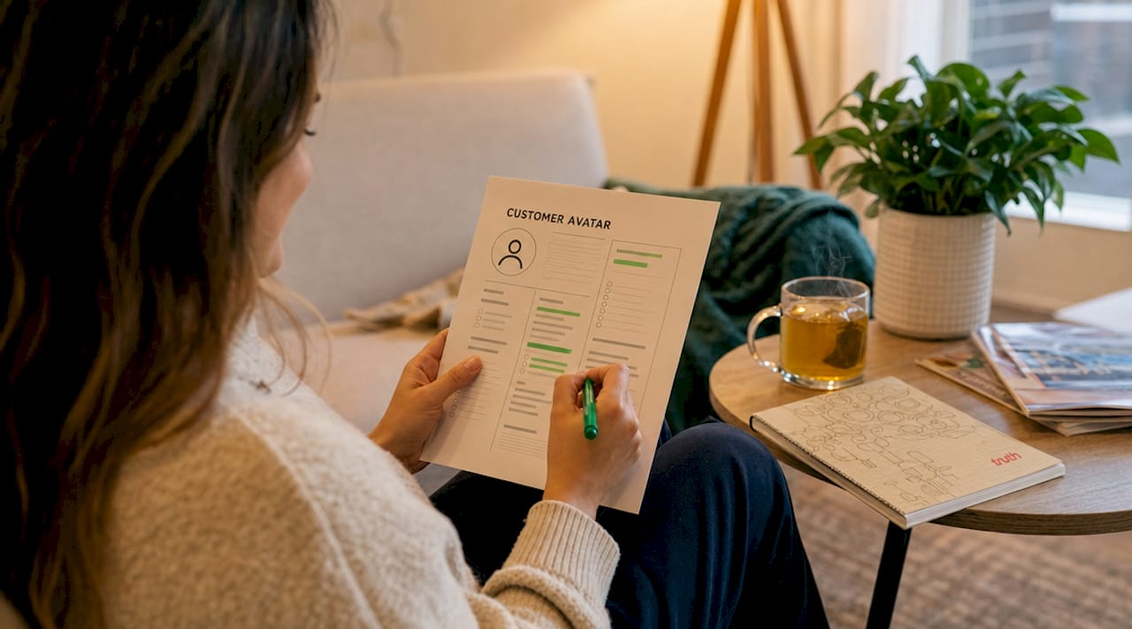 Hands writing customer avatar notes in café