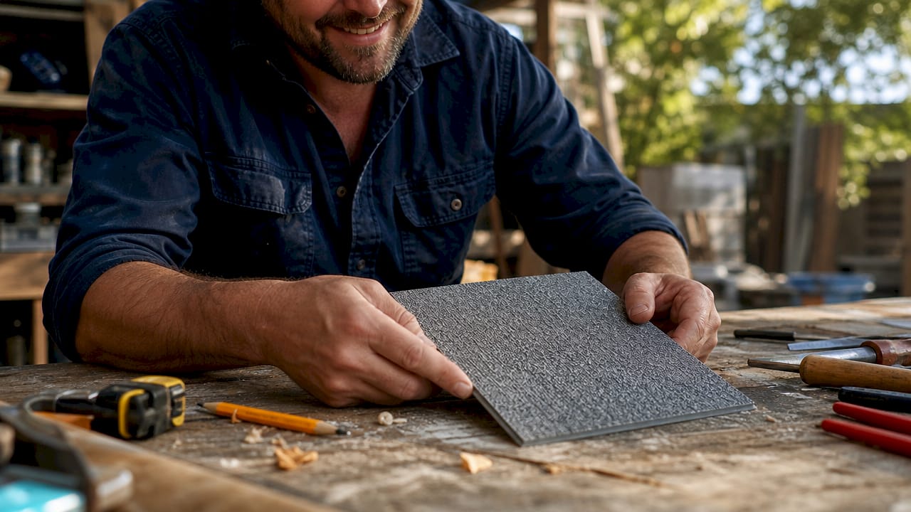 Hands inspecting waterproof flooring sample in workshop