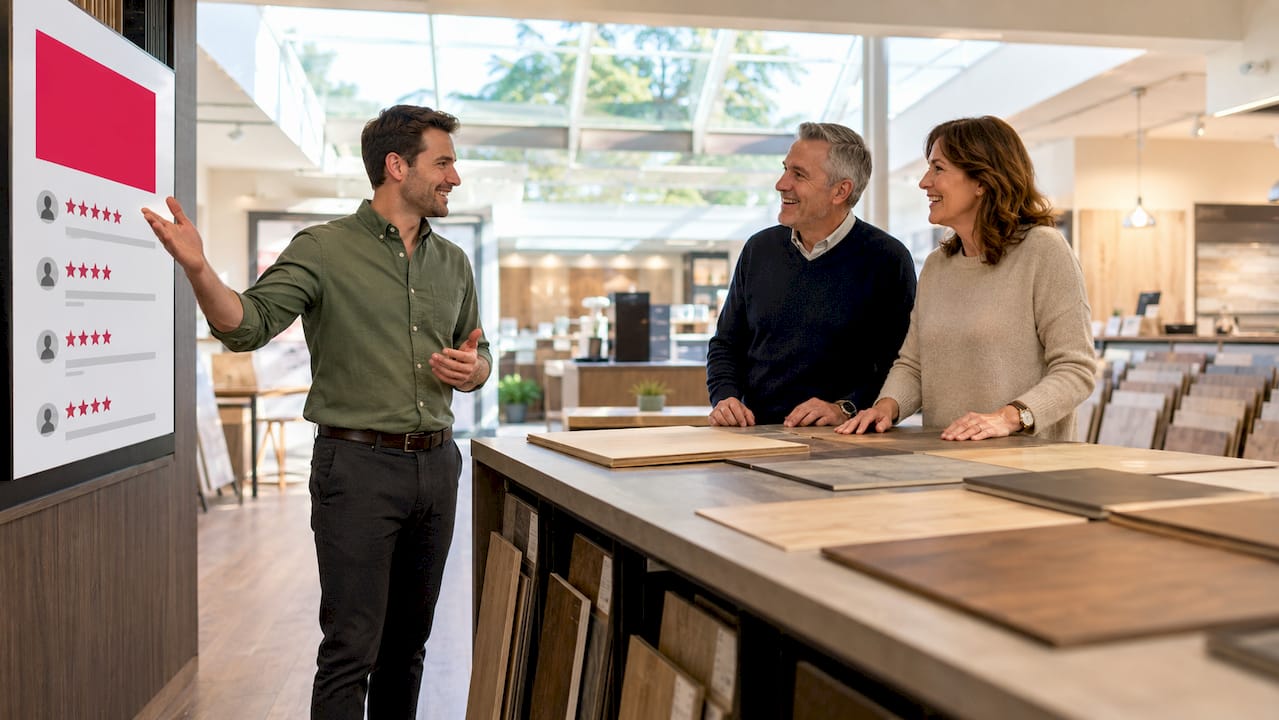 Store employee shows testimonials kiosk to customers in showroom
