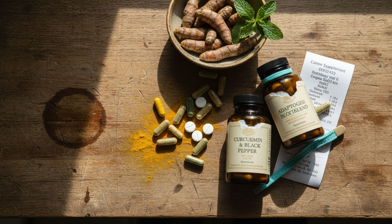 Close-up: herbal supplements, mint, turmeric, worn counter
