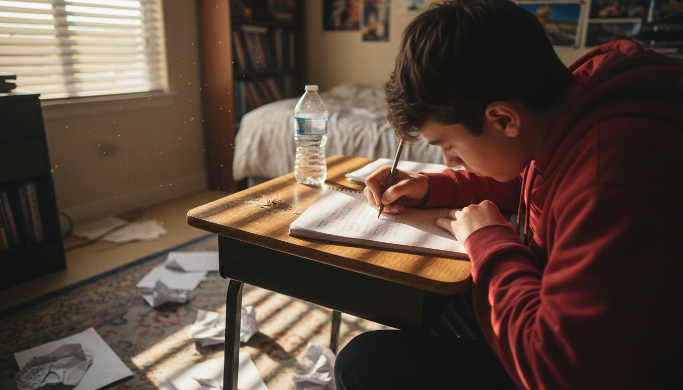 Student writing sensory details at desk
