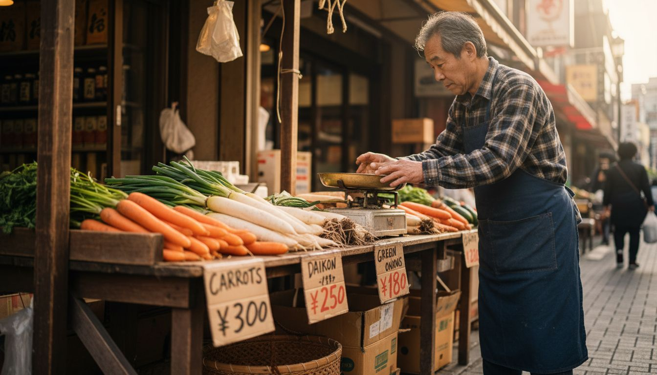 Elderly man arranging vegetables at market stall