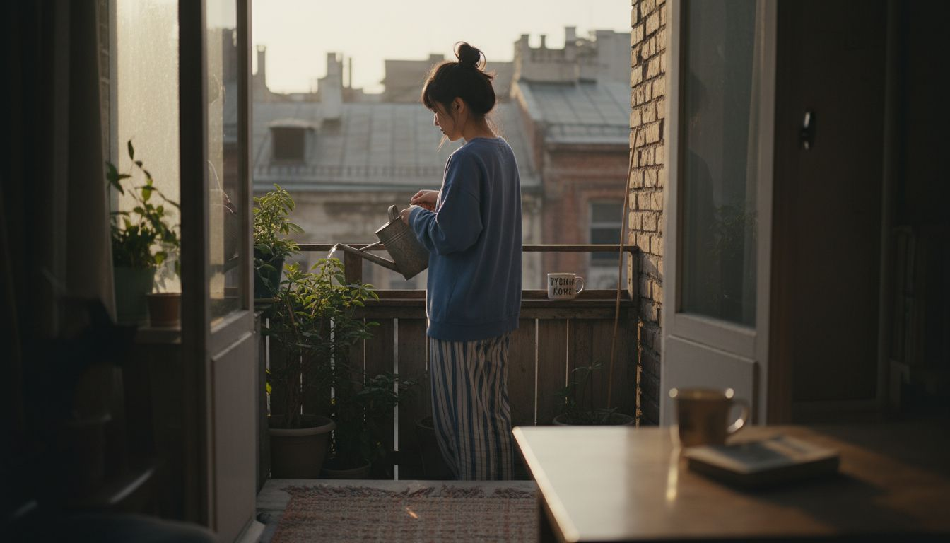 Молодая девушка ухаживает за цветами на балконе в городе.