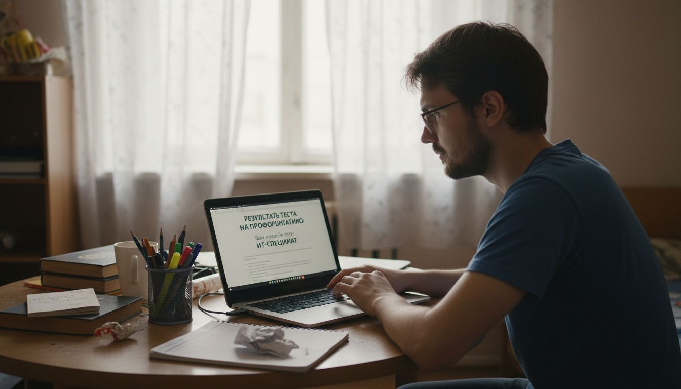 Мужчина внимательно смотрит результаты теста на экране ноутбука.