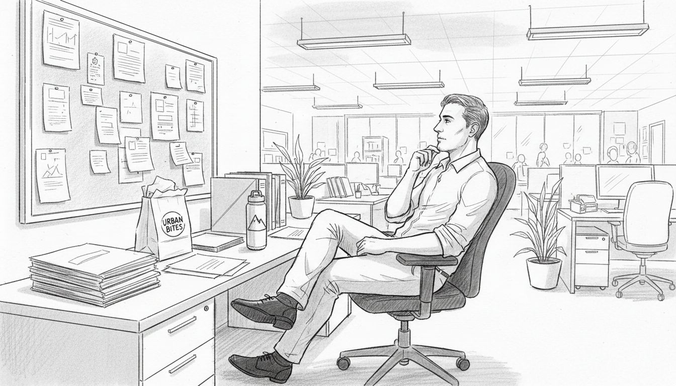 Office worker reflecting at cluttered desk