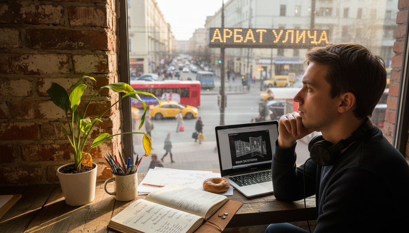 Мужчина задумчиво смотрит в окно современного офиса, держа на коленях блокнот.