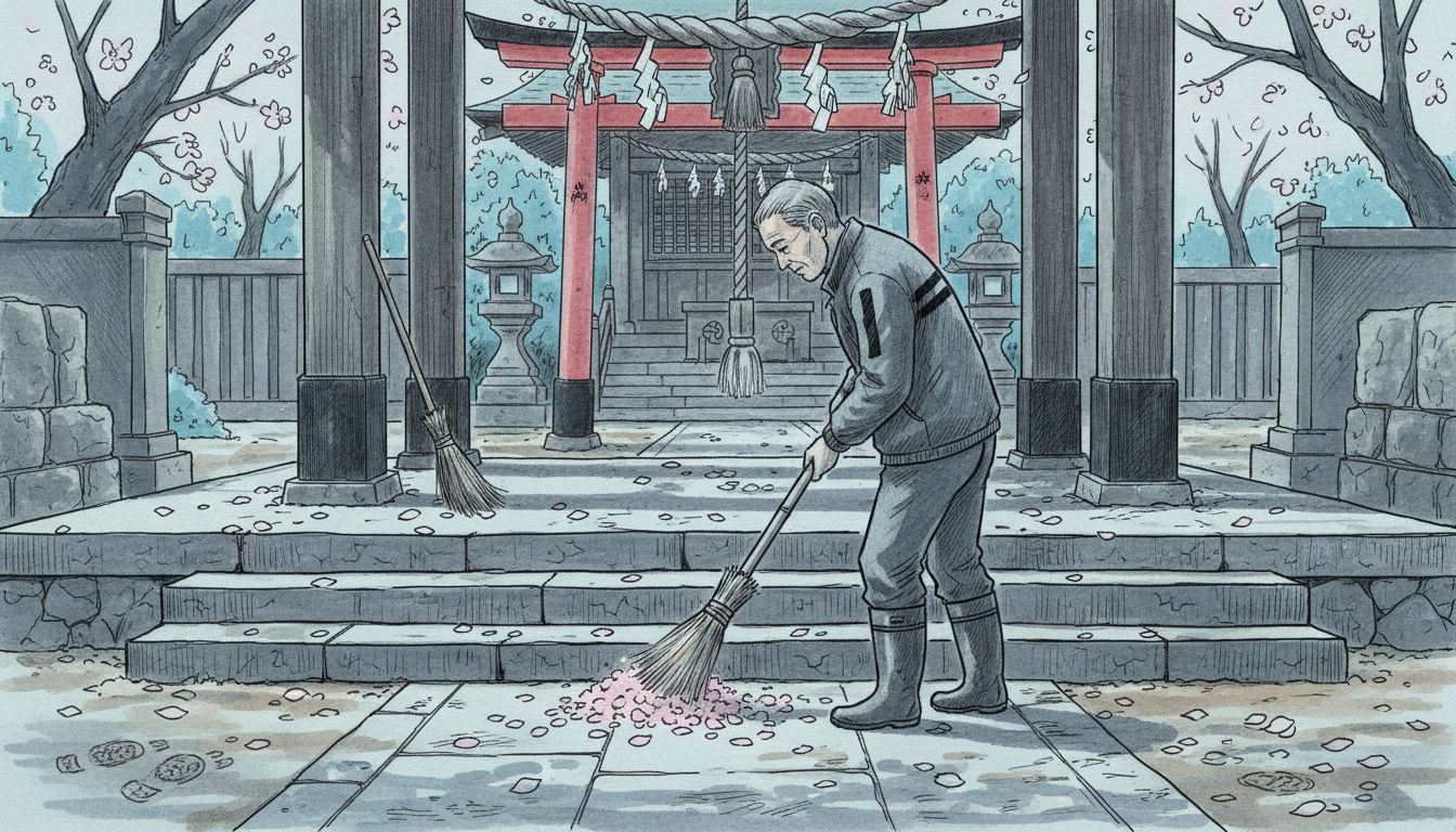 Shrine keeper sweeping cherry blossoms at Shinto shrine