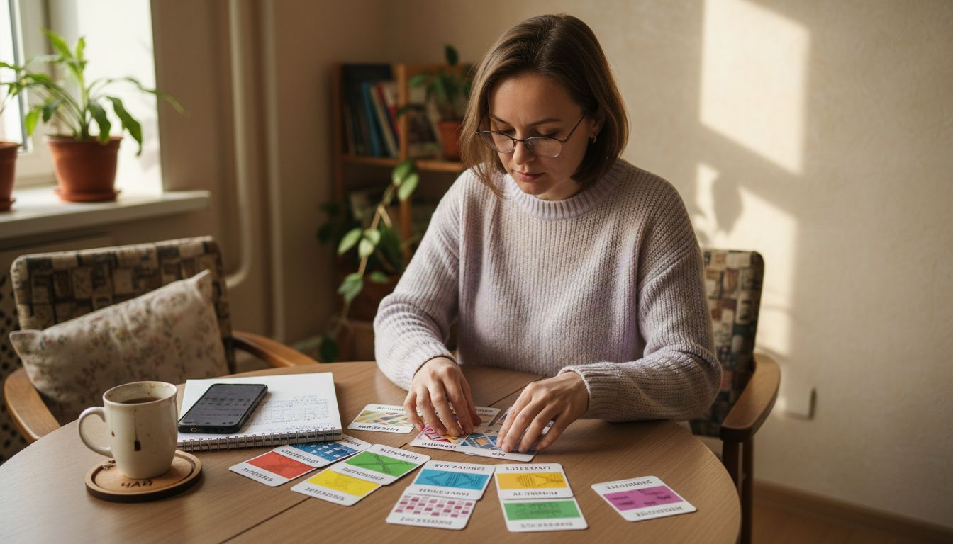 Психолог перебирает карточки с разными видами тестов, раскладывая их по категориям.