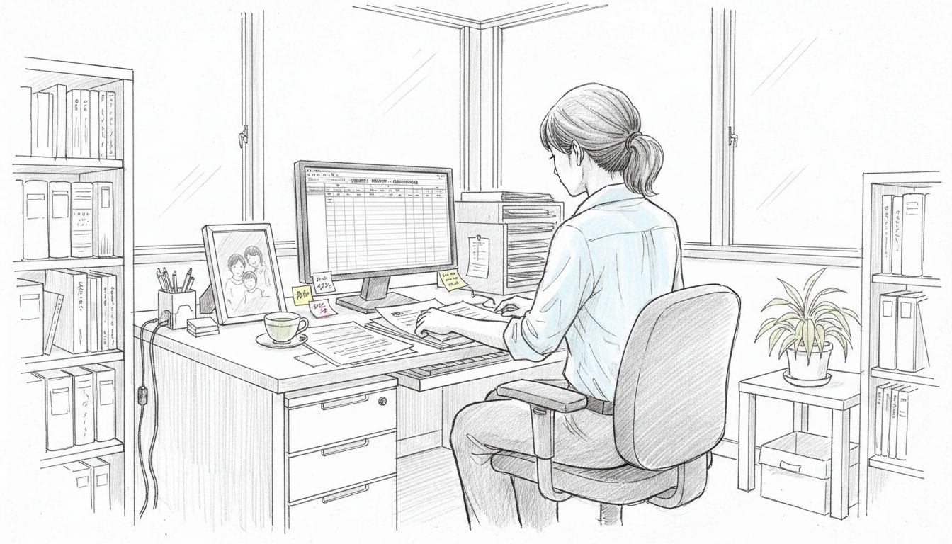 Woman organizing papers in Japanese workspace