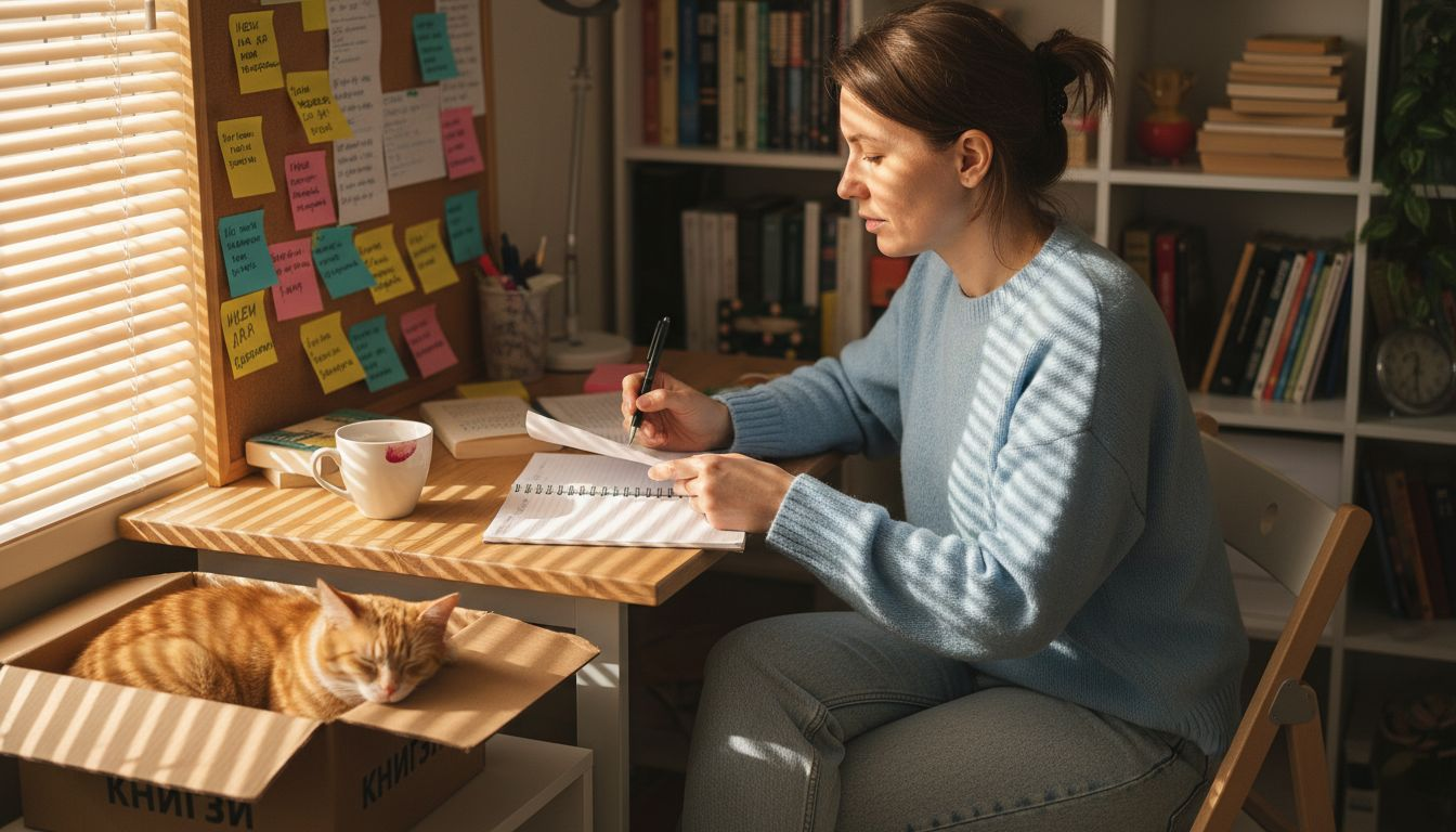 Женщина записывает мысли в дневник, сидя за столом в солнечной домашней комнате.