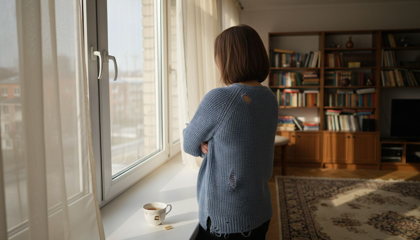 Женщина, уставшая от постоянной нагрузки, сидит дома и явно вымотана — сил совсем не осталось.