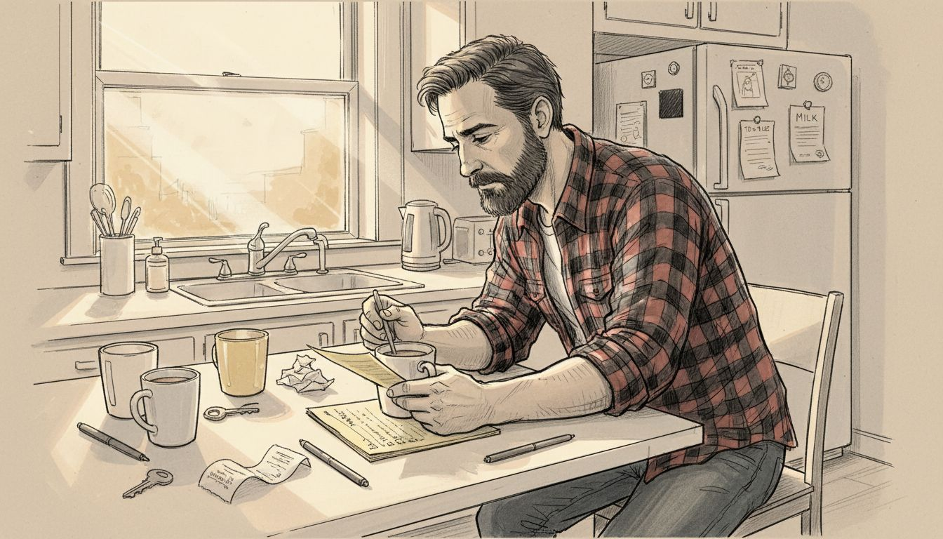 Man reflecting on values at kitchen table