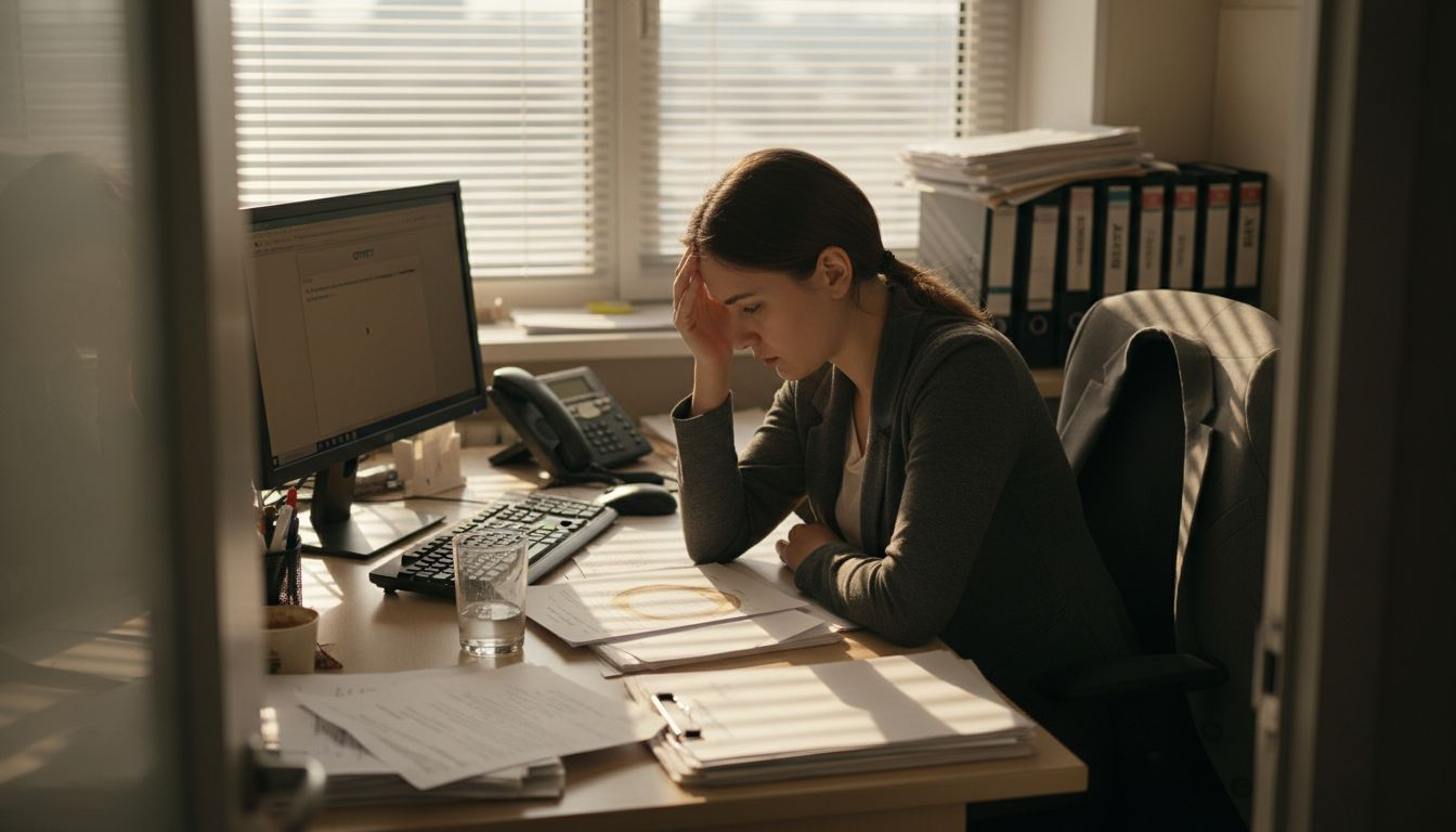 Уставшая женщина сидит за рабочим столом, погружённая в заботы и напряжение.