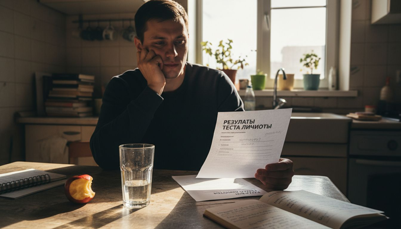 Мужчина сидит на кухне, задумчиво рассматривает результаты теста на личность и размышляет о себе.