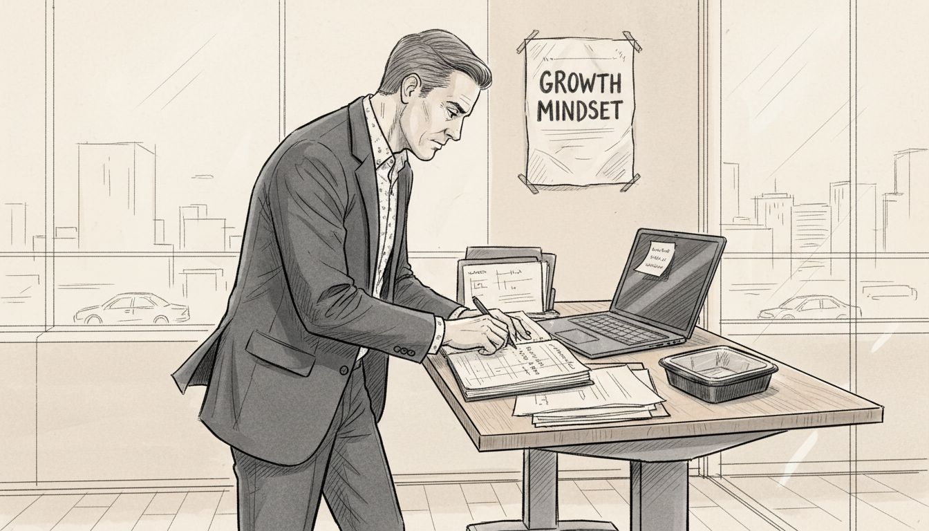 Man reviews weekly planner in office meeting room