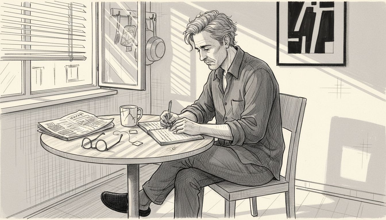 Man practicing mindful journaling at home