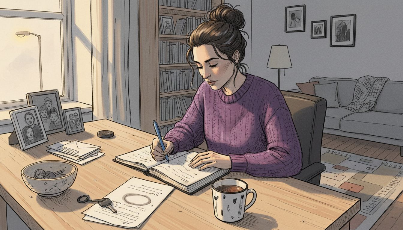 Woman journaling at cluttered desk in evening