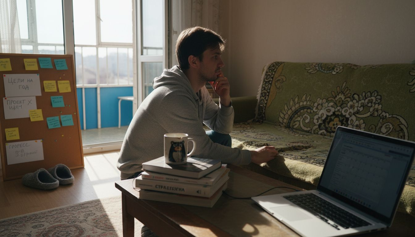 Мужчина раскладывает стикеры с целями, чтобы наглядно спланировать свои задачи.