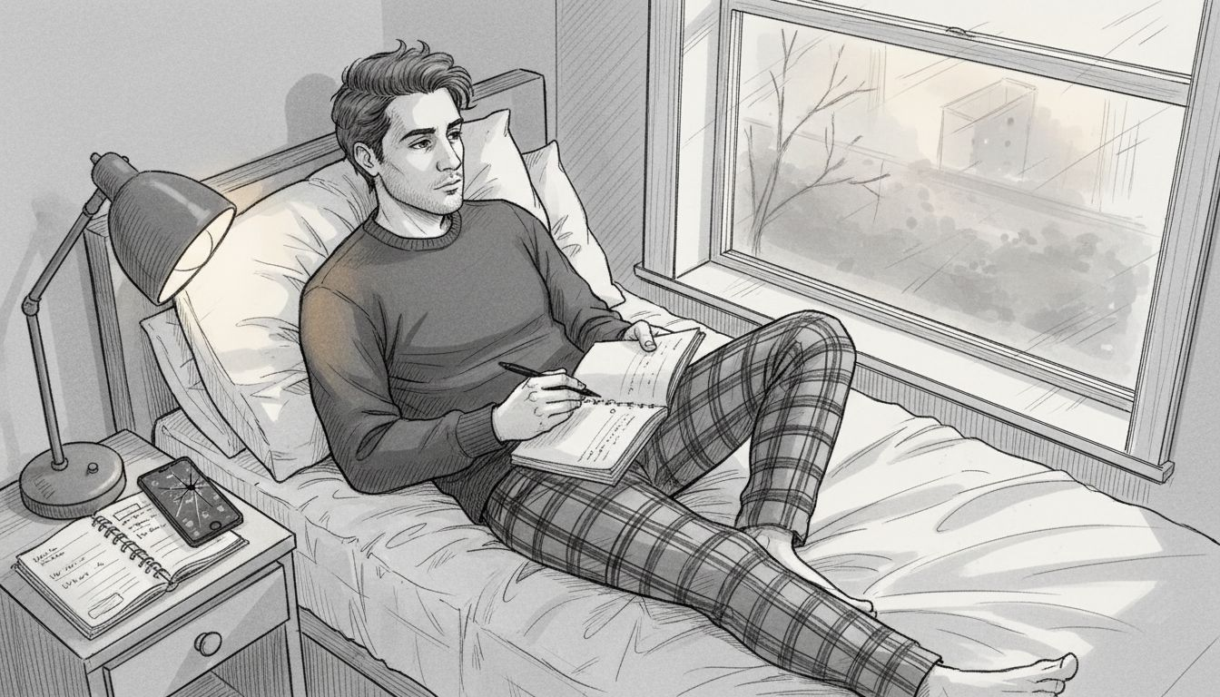 Man reflecting with journal on unmade bed