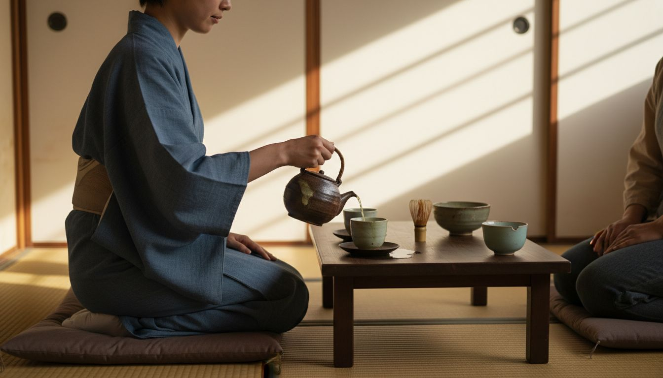 Женщина угощает чаем в традиционной японской комнате.