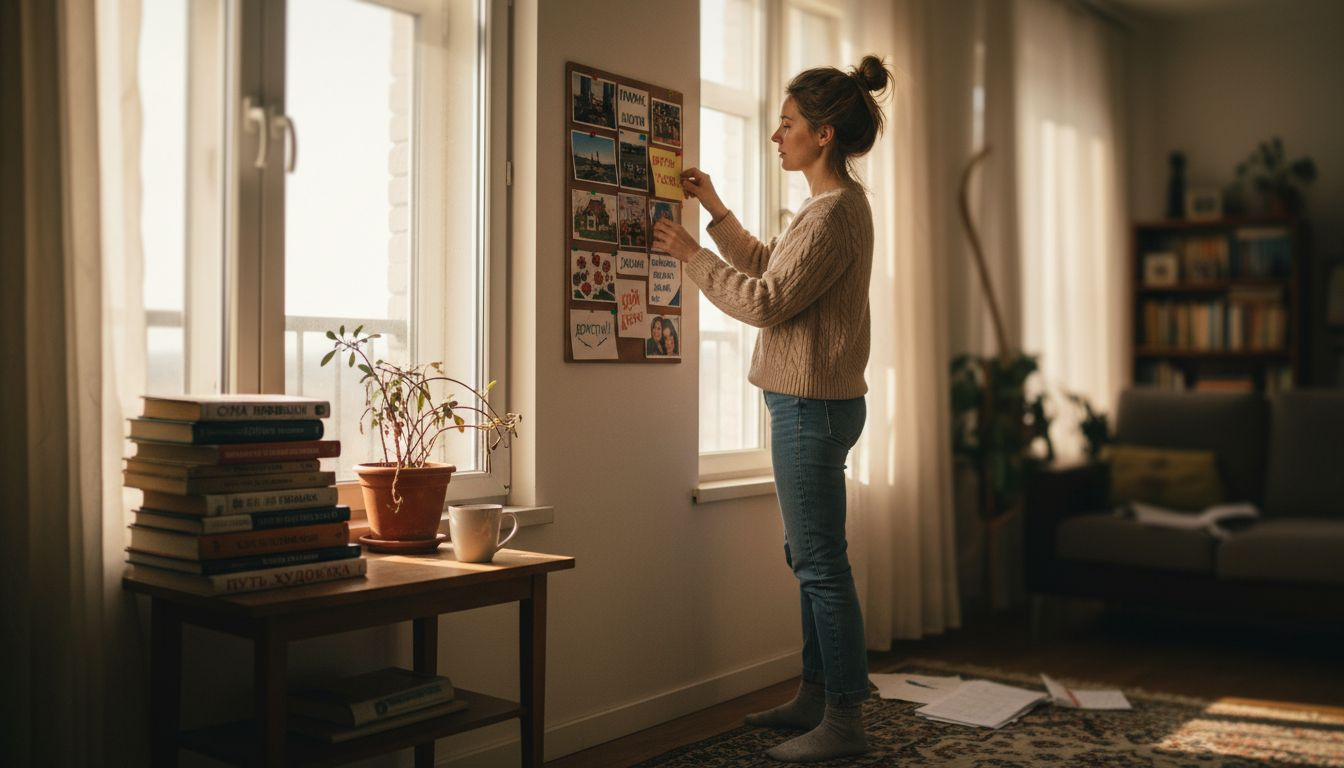Женщина в гостиной расставляет картинки и записки на доске желаний, продумывая свои цели и мечты.
